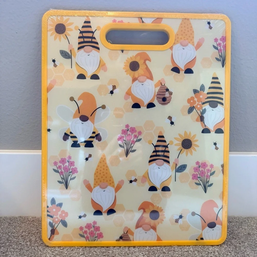 New Market Square Gnomes, bees, flowers cutting board with handle